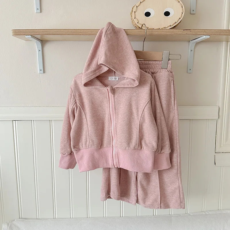 MQTIME  -   Girls 2 Piece Clothes Set Cotton Baby Girl Hooded Elastic Hem Coat Kid Girl Solid Wide Leg Pant Outfit Children Girl Suit