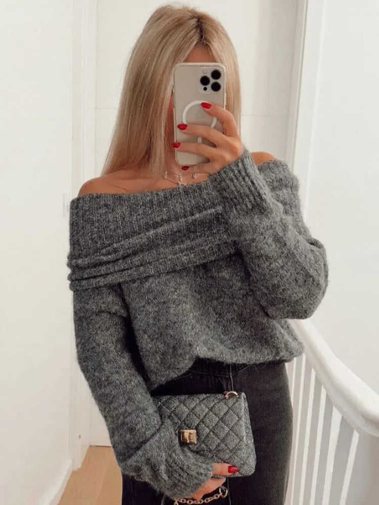 nvxiot Women Sexy Slash Neck Pullover Sweaters Long Sleeve Off Shoulder Cropped Knitted Top Female Elegant  Autumn Solid Knitwear