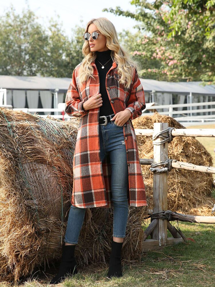 nvxiot Plaid Jacket Women Shirts Coats Turn-down Collar Casual Wool Coats High Streetwear Long Coats Ladies Winter Coats 2022