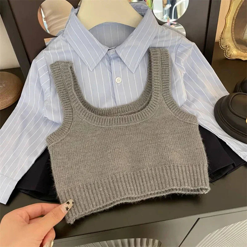 MQTIME  -  Girls' Clothing Set Girls' Autumn Knitted Vest+Striped Shirt+Pleated Skirt 3Pcs Set Fashion Student Clothing School Uniform