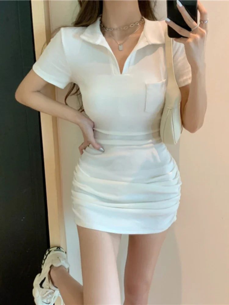 nvxiot-CLUB OUTFITS Short Sleeve Dresses Women Official Slim Summer Mujer Elegant Mini Daily Lovely Sexy Basic Design Korean Fashion Simple Mature