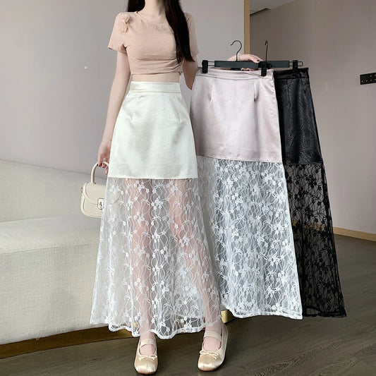 nvxiot  -  2024 Summer Commuter Korean Half Skirt High Waist Panel Lace Slim Hook Flower Style New Long Skirt Versatile Trendy Women