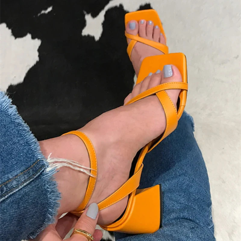 MQTIME  -  New Women Sandals Plus Size Elegant Female High Heels Square Toe Flip-flop Sandals Spring Summer Ladies Ankle Strap Shoes