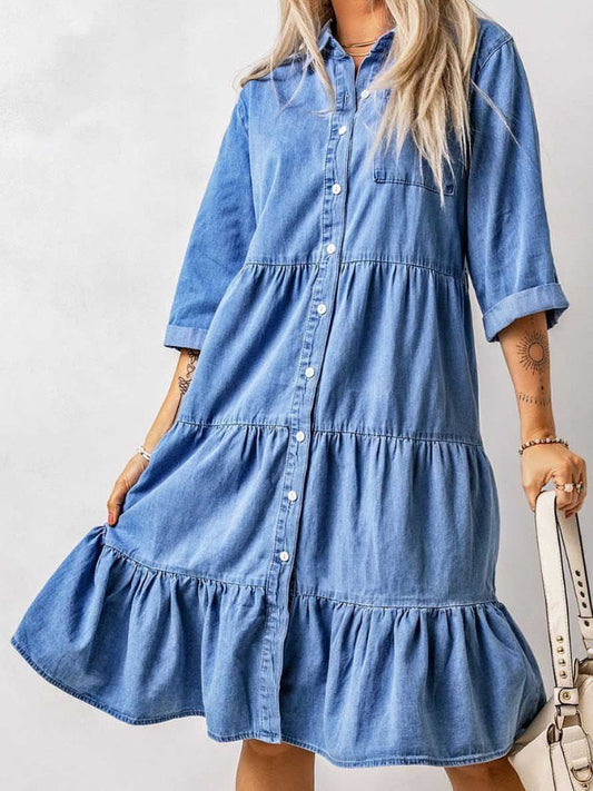 nvxiot Summer Dress Women Blue Fashion Korean Elegant Clothing Streetwear Loose Vintage Oversize  Knee-Length Turn-down Collar