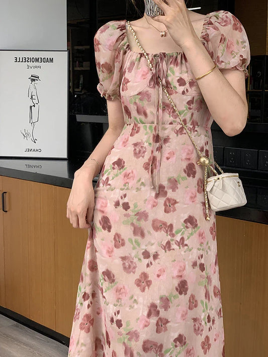 MQTIME  -  Tea break French rose floral dress for women's 2024 summer new high-end temperament bubble sleeve vacation long dress