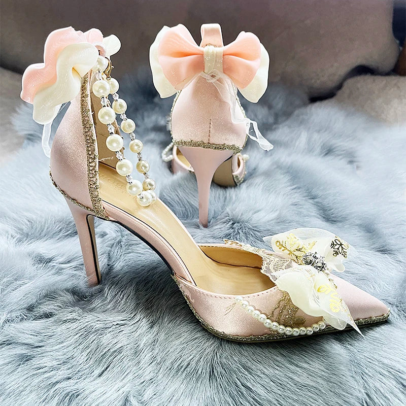 nvxiot Original Bride Vintage Lolita Flower Wedding High Heels Tea Party Flower Pointed Bow Tie Women's Shoes Wedding Shoes