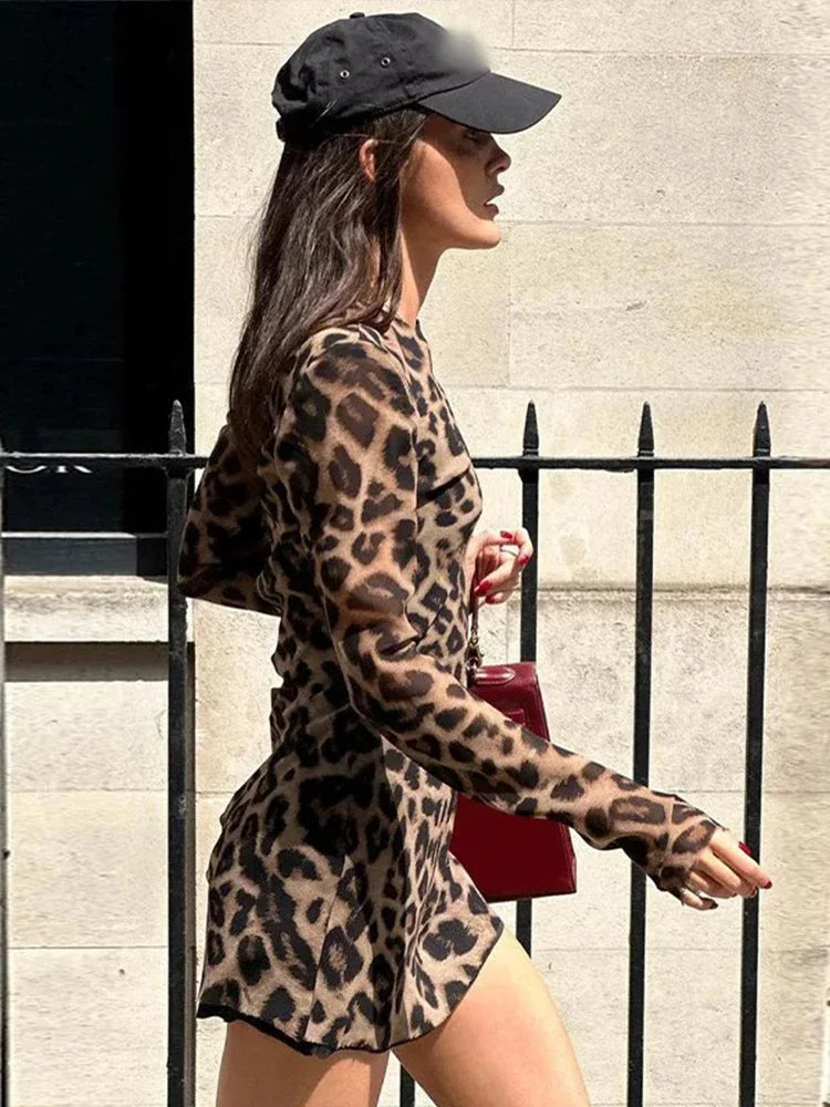 nvxiot Sexy Leopard Print Mini Dress Women Slim Long Sleeve O-neck Dresses 2024 Spring Summer Vintage High Street Lady High Streetwear