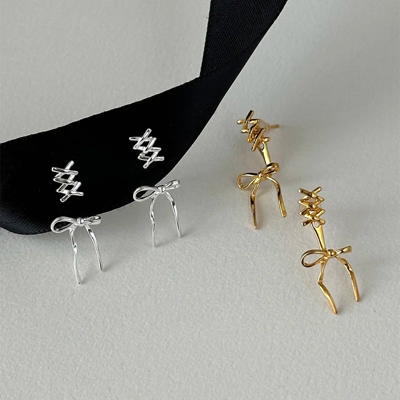 nvxiot New Golden Plated Bowknot Earrings for Women Silver Needle Studs Trendy Elegant Sweet Party Jewelry Accessories