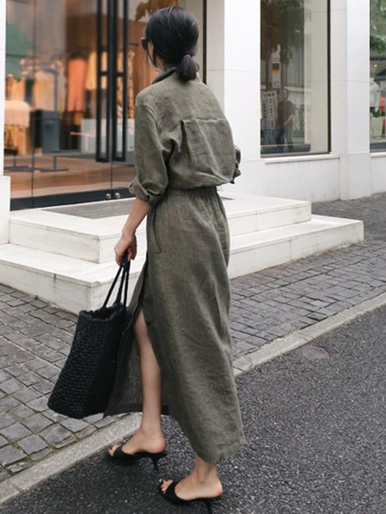 nvxiot Solid Color Lapel Long Sleeve Drawstring Cotton And Linen Loose Woman Dress Casual Fashion 2024 Autumn Dresses New TV144