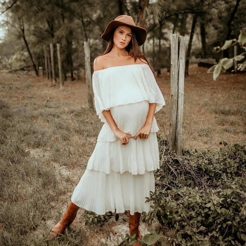 nvxiot Maternity Photography Long Dresses Ruffles One Shoulder Dress Pregnancy Pregnant Women for Baby Shower Photo Shoot Accessories