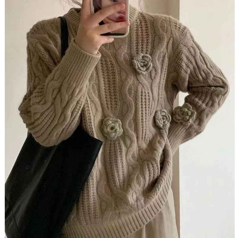 nvxiot  Autumn and Winter Knitwear for Women 3D Embroidery Rose Hook Flower Tops Long Sleeve Women Cashmere Warm Sweater