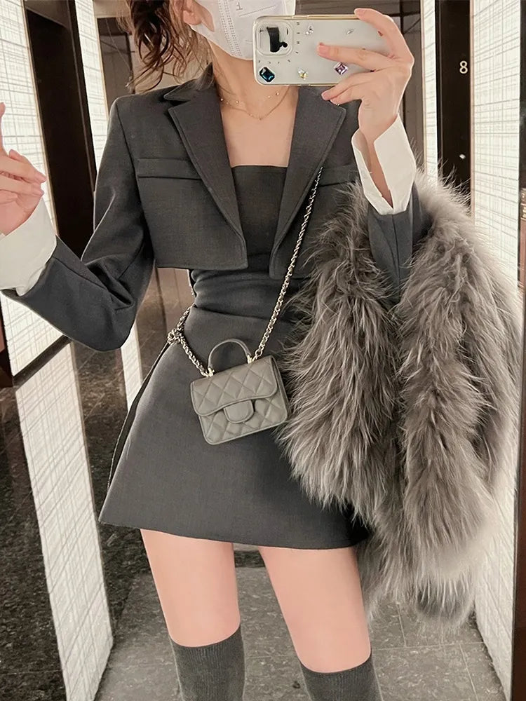 nvxiot-Winter Black Two Piece Dress Set Women Blazer Coat+Strap Dress Set Female Casual Korean Fashion Slim Elegant Dress Suit 2024 New