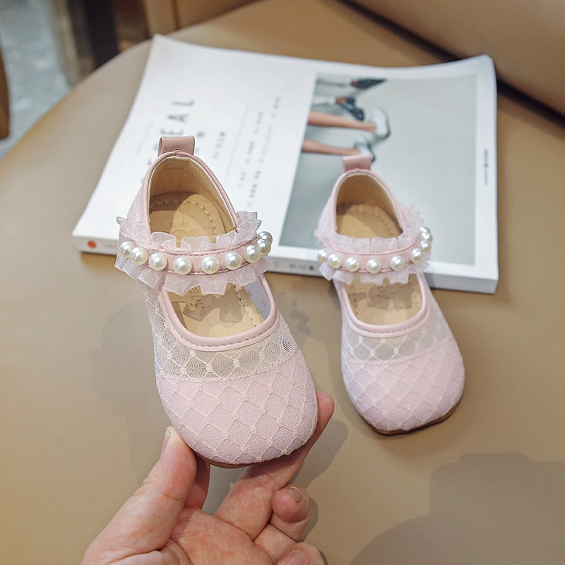 Toddler Pearl Shoes Fashion Children Girls Spring Autumn Pu Mesh Princess Lace Shoes Kids Shoe Baby Flat Girl Loafers Shoe Baby