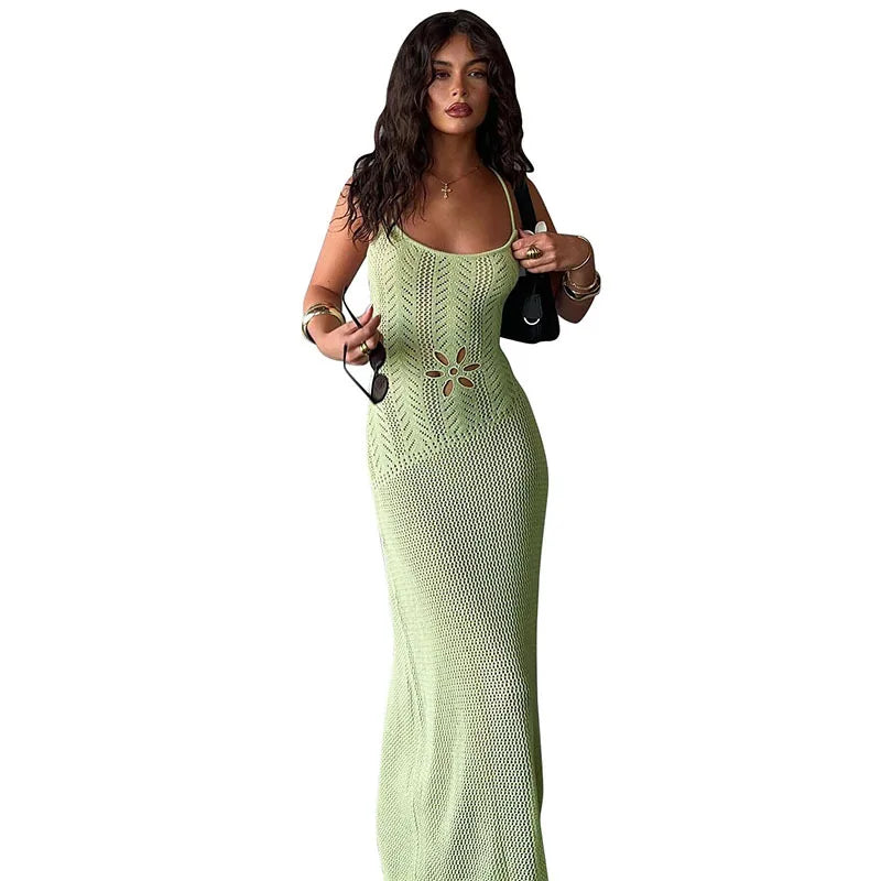 nvxiot  -  Out Knitted Spaghetti Straps Holiday Maxi Dress Women Sexy Strapless Lace Up Backless High Stretch Bodycon Long Robe