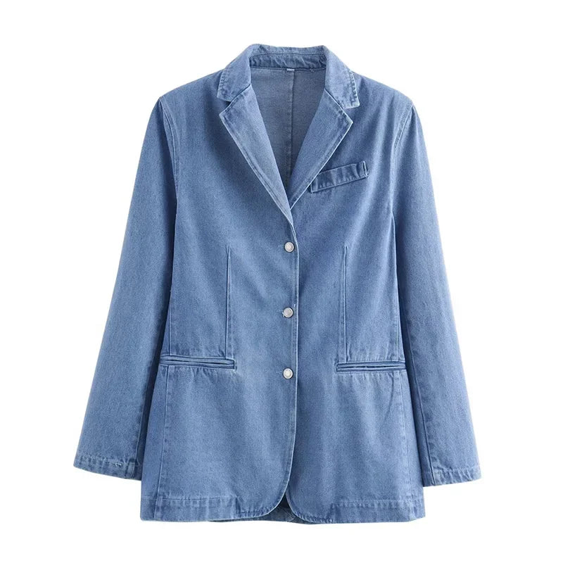 nvxiot  -  Elegant Solid Women Denim Coat Turn-down Collar Single Breasted Loose Female Jacket 2024 Spring Autumn New Fashion Lady Coats