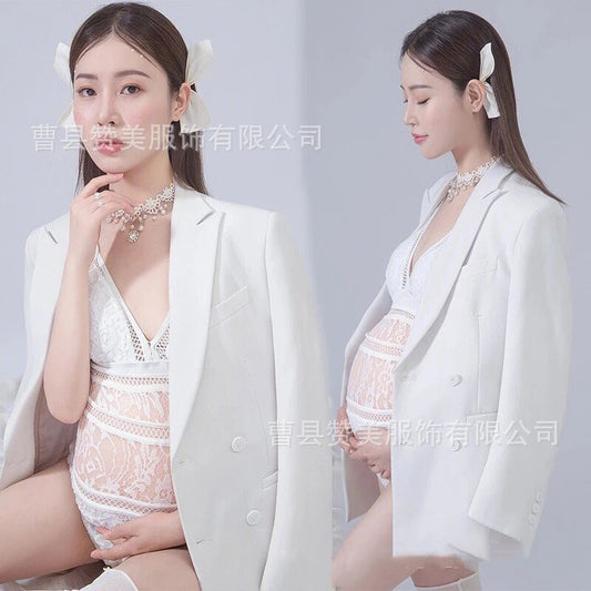 nvxiot  White Lace Fancy Maternity Bodysuit + Coat Photography Pregnancy Shoot Dresses Clothes Pregnant Women Sexy Maxi Gown Photo Props