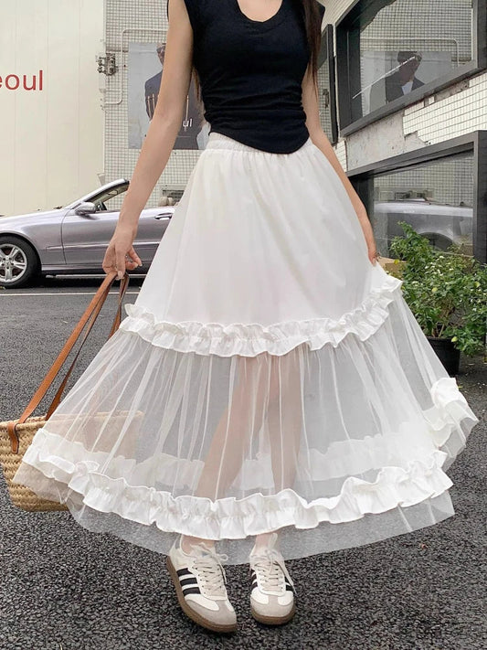 MQTIME  - White Tulle Tiered Maxi Skirts Lace Long Skirt for Women Bandage A-line Dress Coquette Summer Korean Fashion Clothing