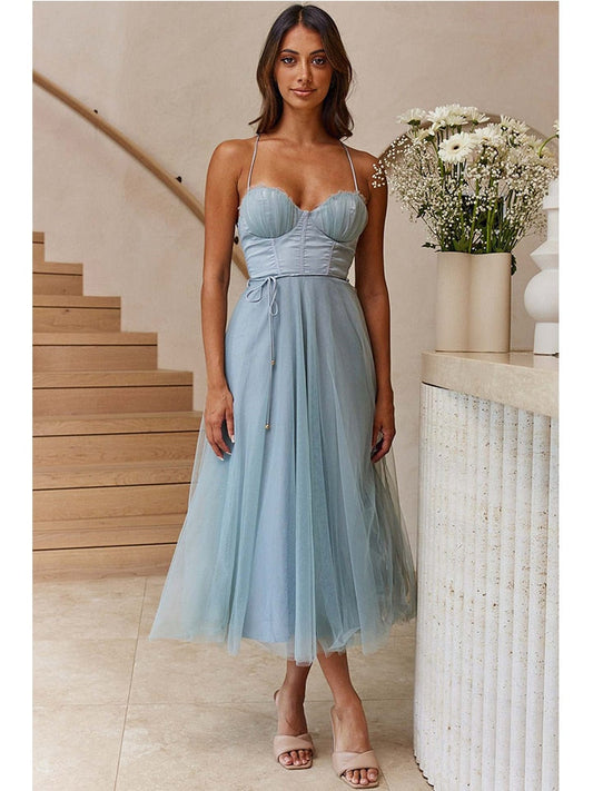 nvxiot Strapless Halter Summer Women Party Tulle Dress Sexy Mesh Sleeveless A-line Pleated Backless Elegant Dress De Fiesta