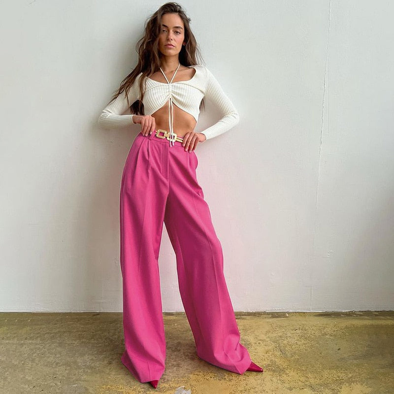 nvxiot Spring Autumn Elegant Blue Office Women'S Pants 2023 New Fashion Loose Ladies Trousers Casual High Waist Wide Pants for Women