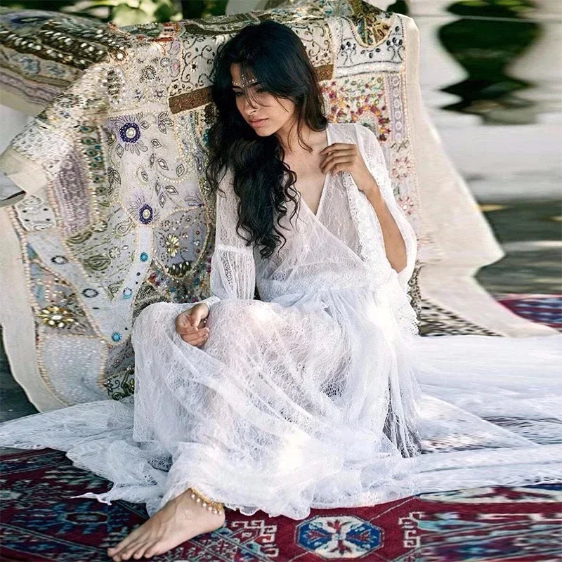 nvxiot  -  White Sexy Maternity Dresses For Photo Shoot Lace Fancy Pregnancy Dress Photography Props Flare Sleeve Pregnant Women Maxi Gown