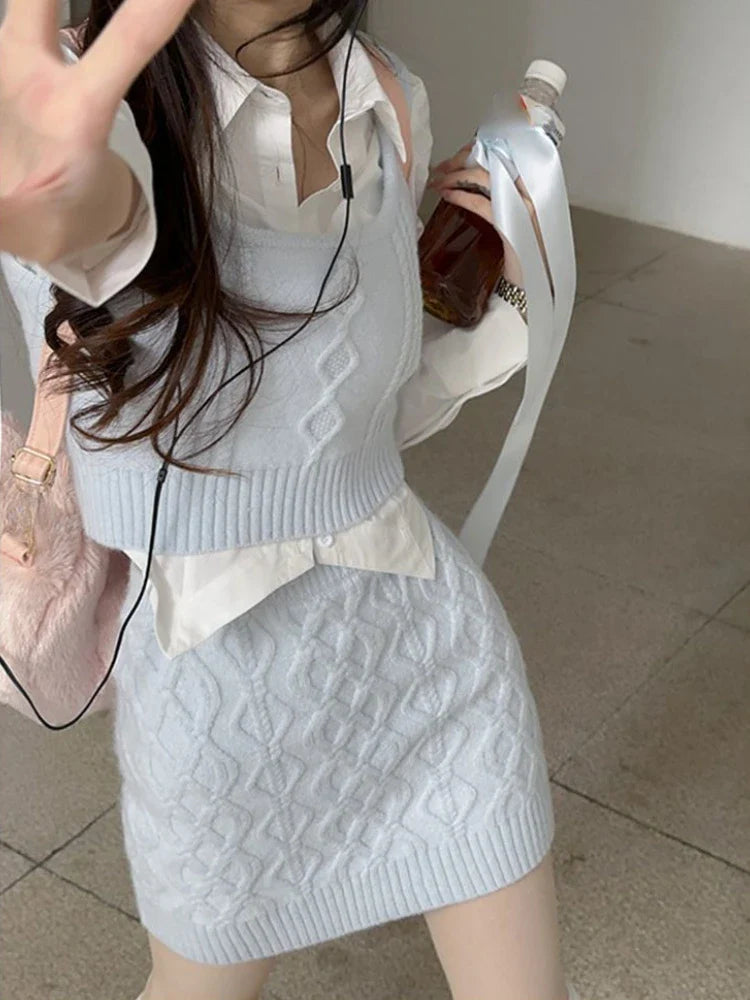 nvxiot 2024 Spring Elegant Knitted Suits Women Even Party Clothing Korean Style 3 Piece Dress Set Office Lady Sweater Vest + Mini Skirt