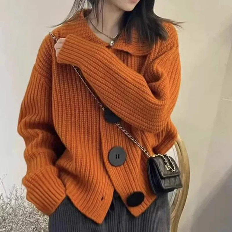 nvxiot Polo Collar Sweater for Women Knitted Cardigan Autumn Button Loose Thickened Warm Coat Top Women's Winter Warm Sweater Cardigan