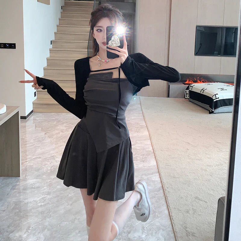 nvxiot-New Autumn Fashion Black Slim Mini Dress for Women Long Sleeved Sunscreen Cardigan Elegant Chic Office Lady Dresses Korean