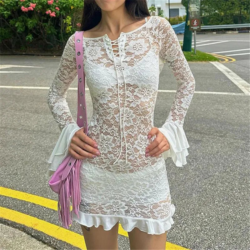 nvxiot Coquette Aesthetic Lace Patchwork Sheer Bodycon Dress E-girl Rave Gown Sexy See Through Super Mini Dresses Y2K Clubwear