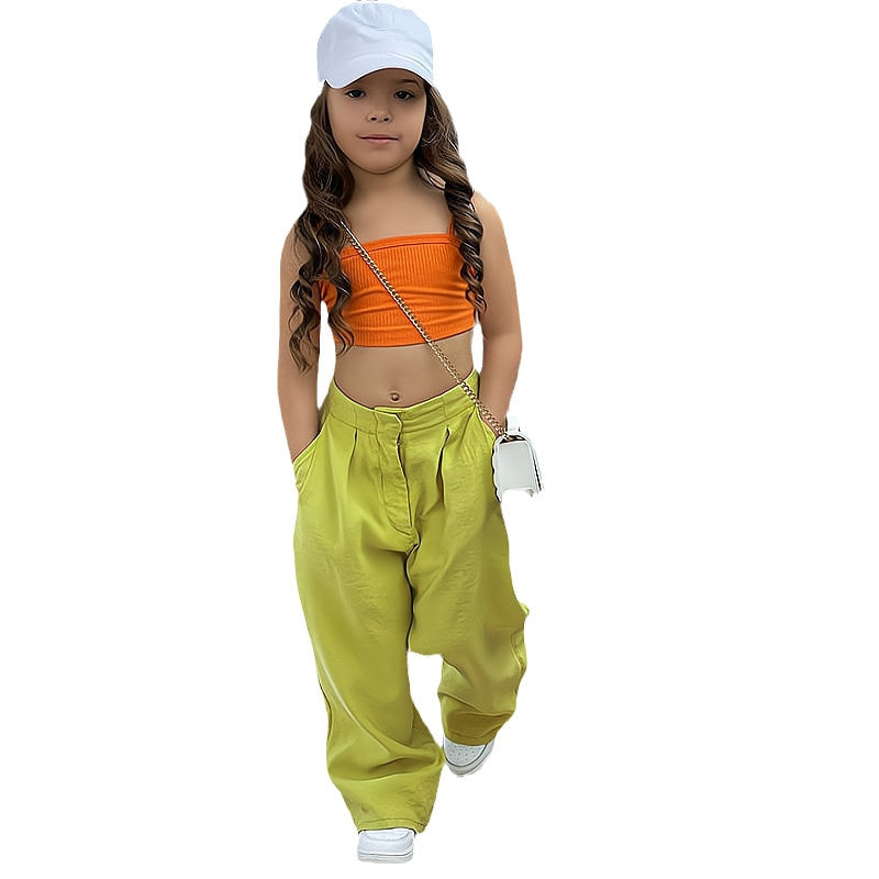 nvxiot Summer Children's Girl Streetwear Clothing 2pcs/set Sleeveless Crop Tops+Chic Long Loose Trousers Baby Kids Girl Clothes Suits