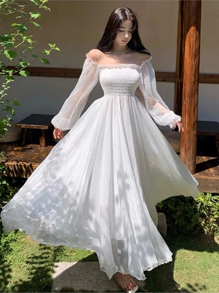 nvxiot Elegant Holiday Beach Dresses Summer Women Solid White Puff Sleeve Slash Neck Off Shoulder Korean Fashion Chiffon Dresses