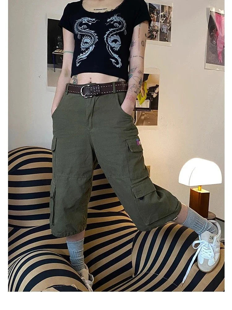 MQTIME  -  Women's Multi Pocket Neutral Cargo Cropped Pants Summer New Street Style Thin Shorts Casual  Female Straight Wide Leg Trousers