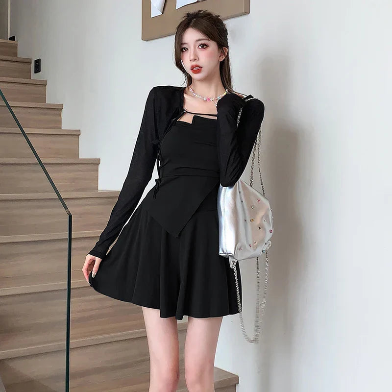 nvxiot-New Autumn Fashion Black Slim Mini Dress for Women Long Sleeved Sunscreen Cardigan Elegant Chic Office Lady Dresses Korean