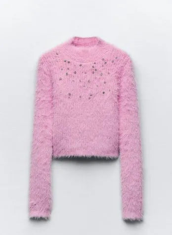 nvxiot Elegant Pink Mohair Sequin Sweater Women Fashion O Neck Long Sleeve Slim Knitted Pullover Autumn Winter Chic Ladies Knitwear