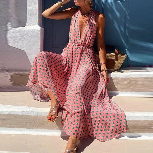 nvxiot Summer Women Hollow Out Lace-Up Long Dress Elegant Polka Dot Backless Maxi Dress Fashion Holiday Halter Boho Print Vestidos