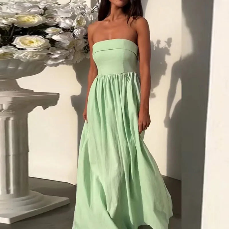 nvxiot  -  Elegant Women's Off Shoulder Pleated Dress Fashion Sleeveless Solid Color Long Dress Sexy Strapless High Waist Party Dress