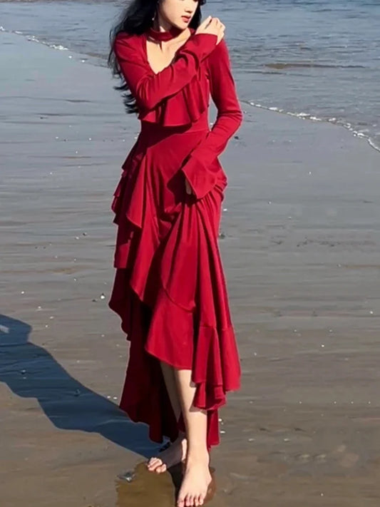 nvxiot Stylish Red France Princess One Piece Dress Women Irregular Y2k Designer Evening Party Dress Female Ruffles Elegant Clothes 2024 Spring