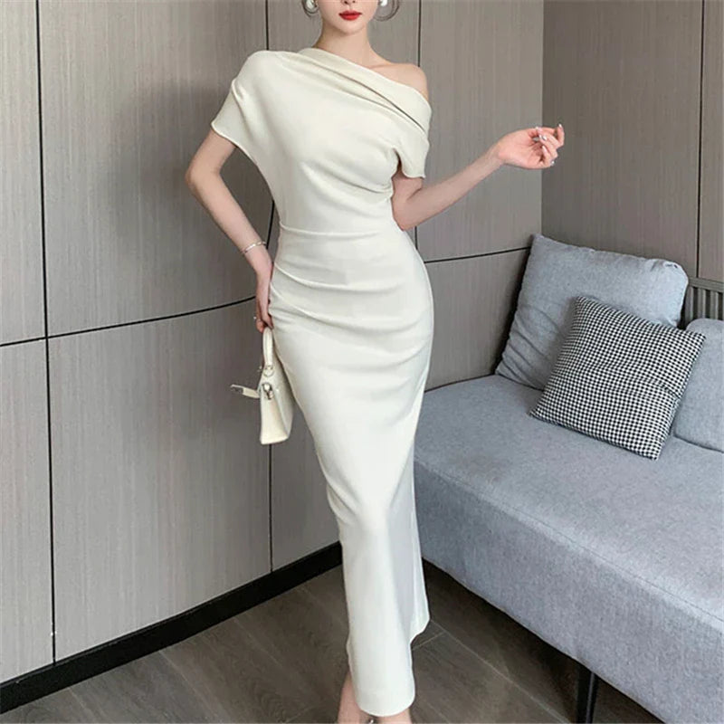 nvxiot-Elegant Chic Party Evening Dress for Women One Shoulder Folds Ladies Fashion Vintage Slim Long Bodycon Dresses Summer 2023