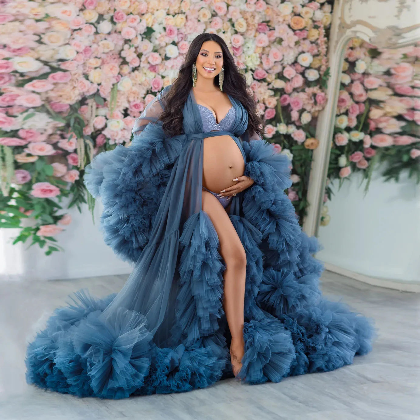 nvxiot  -  Navy Blue Ruffle Tulle Maternity Robes Photography Dresses See Thru Puffy Tulle Women Maternity Dress Photoshoot Babyshower Gown