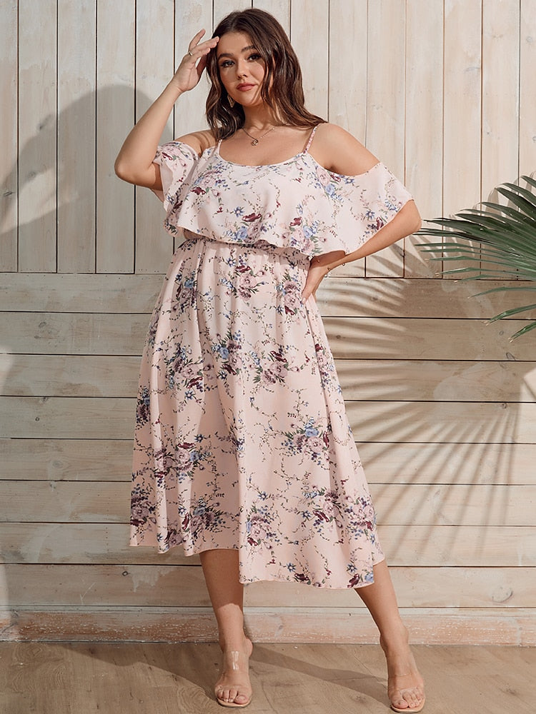 nvxiot Floral Print Cold Shoulder Ruffle Trim Dress Plus Size Women's Summer High Waist Cami Even Dress