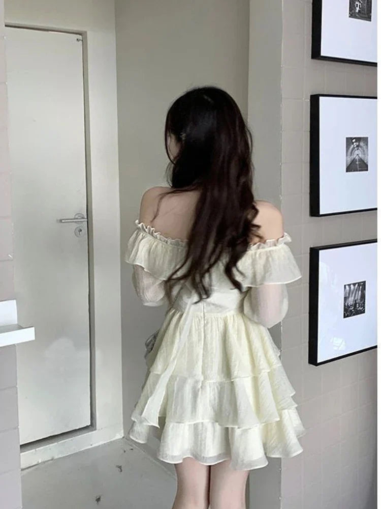 nvxiot Long Sleeve Elegant Mini Dress Lolita Pure Color Short Party Dress Woman Casual 2023 Spring Sweet One Piece Dress Korean Fashion