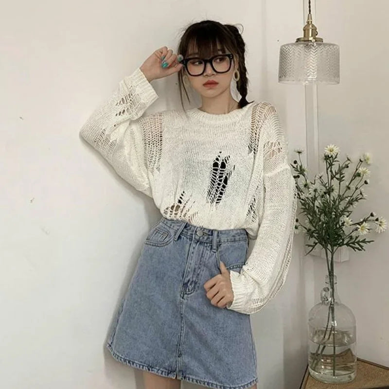 nvxiot  -  Oversized Sexy Hole Sweaters Loose Casual O-neck Knitted Solid Korean Fashion Black Chic Daily Trendy Long Sleeve Pullovers Tops