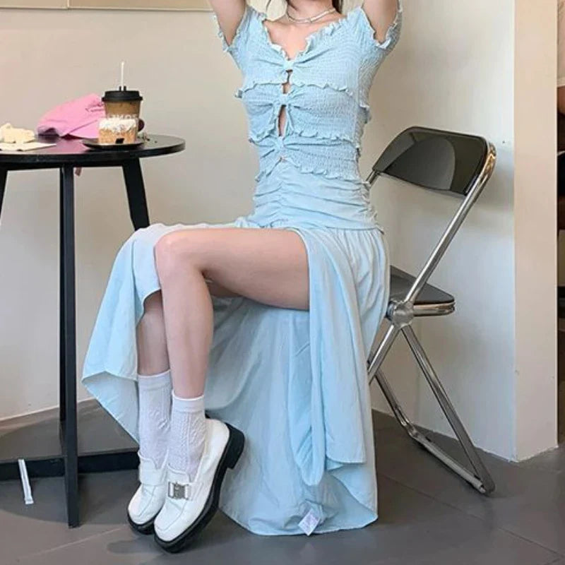 nvxiot  -   Sweet Ruffle Blue Woman Dress Vintage Sexy Hotsweet Long Dress Party Vacation Pleated Slash Neck Chic Summer Boho Dress