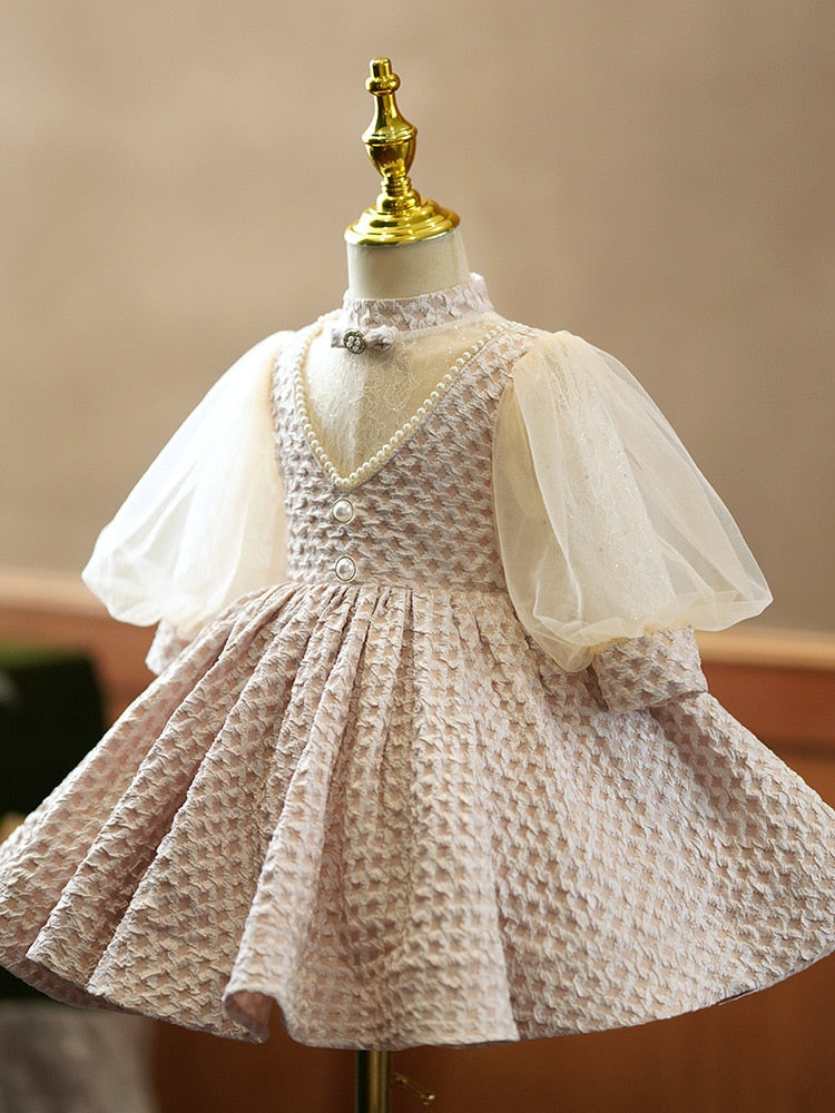 nvxiot Baby Girls Princess Ball Gowns Infant Girl Patchwork Lace Puff Sleeves Beading Midi Dress Children Elegant Cute Party Wear