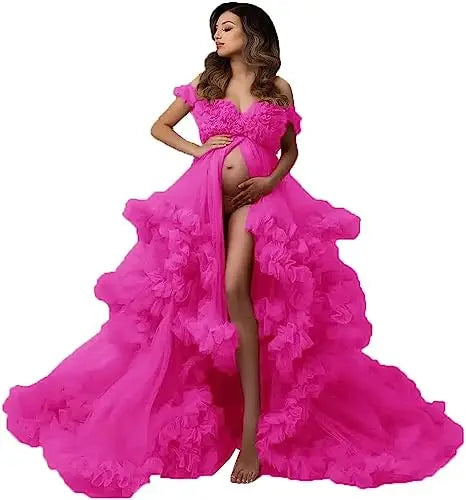 MQTIME  -   Sexy Maternity Gowns Photoshoot V Neck Ruffles A Line Sweep Train Tulle Pregnant Women Maternity Dresses for Photo Shoot