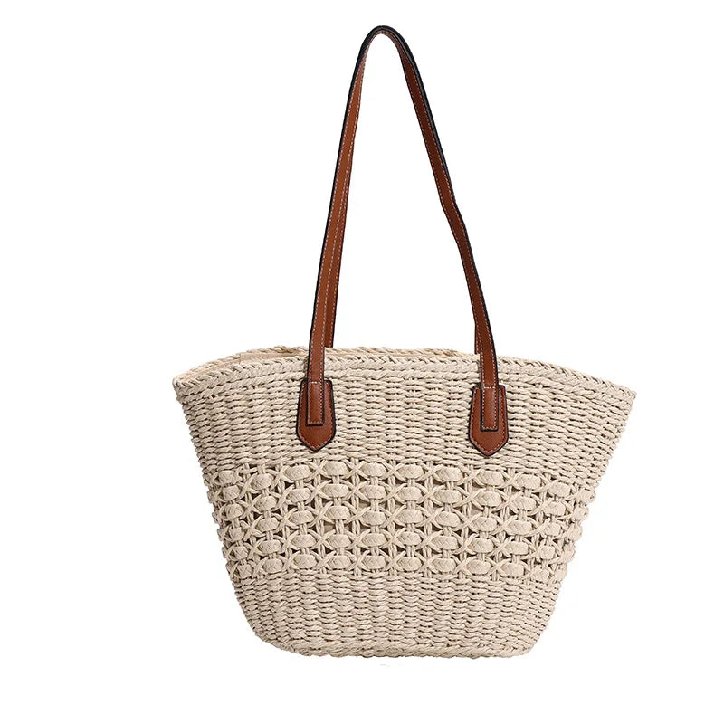 MQTIME  -   Summer Beach Large Capacity Handbags For Women Retro Beige Khaki Straw Weave Tote Bags Fashion Casual Shopping Shoulder Bag 2024