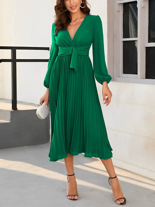 nvxiot New Women's Dress Spring Summer  Korean Fashion Green Pleated Skirt Elegant Party Long Sleeve Long Dress Oversize Sexy Robe