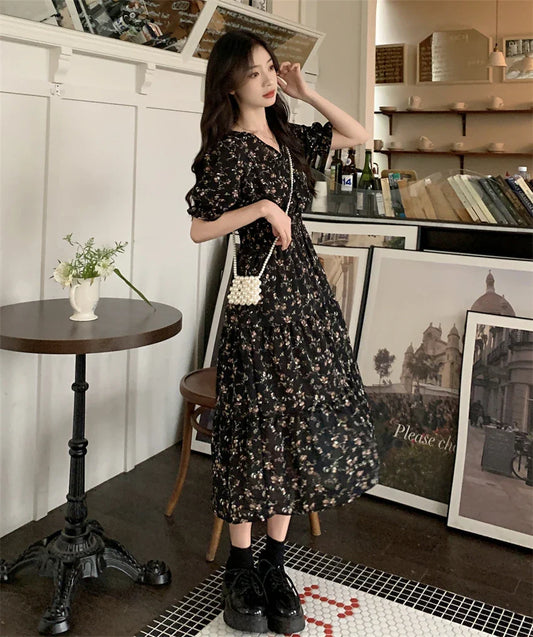 MQTIME  -  Tea break French V-neck floral dress for women's summer 2024 new waistband slimming cake skirt A-line skirt mid length skirt