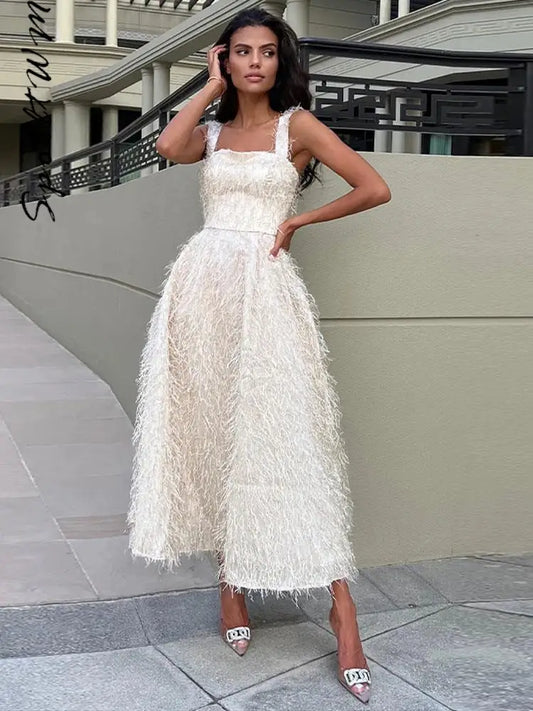 nvxiot Sexy White Feather Backless Midi Dress For Women Fashion Slash Neck Sleeveless High Waist Sling Dresses Elegant Lady Street Robe