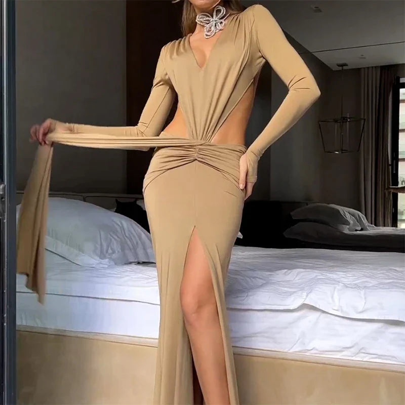 nvxiot Lady Hollow Out Slit Sexy Maxi Cocktails Prom Dress 2024 Bandage Women Party Y2K Robe Lace-Up Backless Slim Fit Evening Dresses