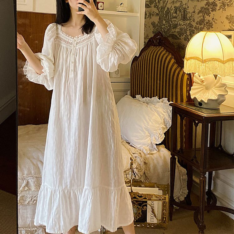 nvxiot Kawaii Women's Nightdress Long Sleeve Summer Spring Ladies Homewear Lace Square Collar Korean Style Nightwear For Female